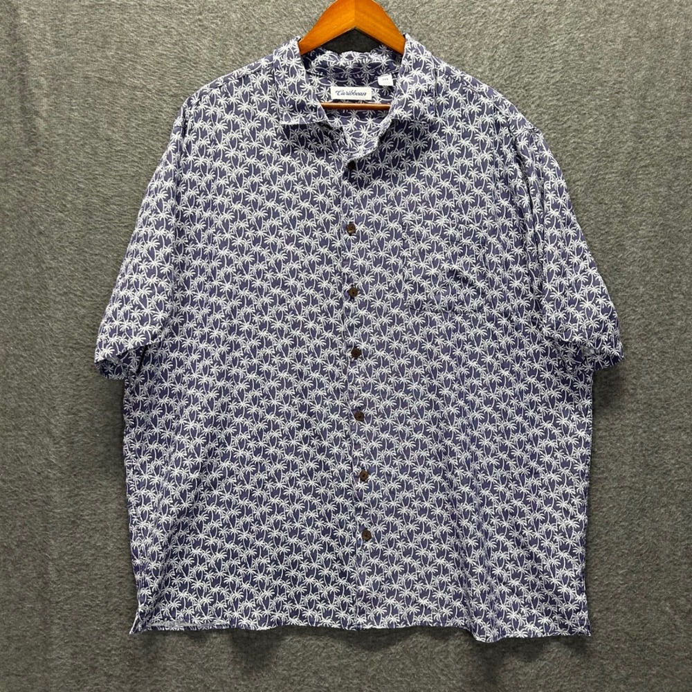 Caribbean Mens 2XB Blue White Palm Tree Print Short Sleeve Button Down Shirt